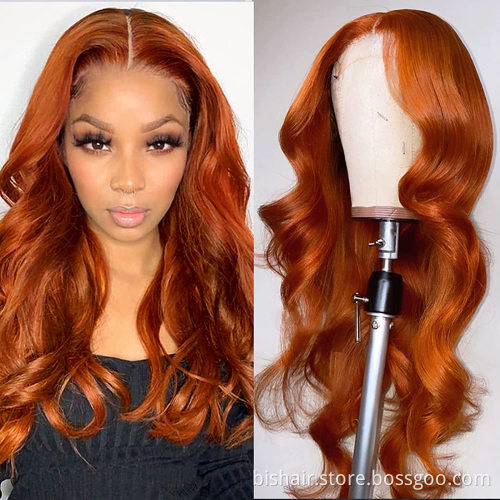 Density orange-red 100% real human hair T-part lace front wig suitable for women 150% real hair lace front wig body wavy orange